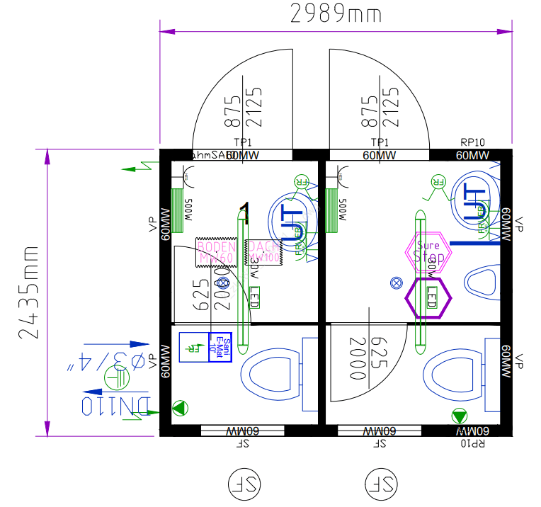 Sanitair unit dames heren - plattegrond