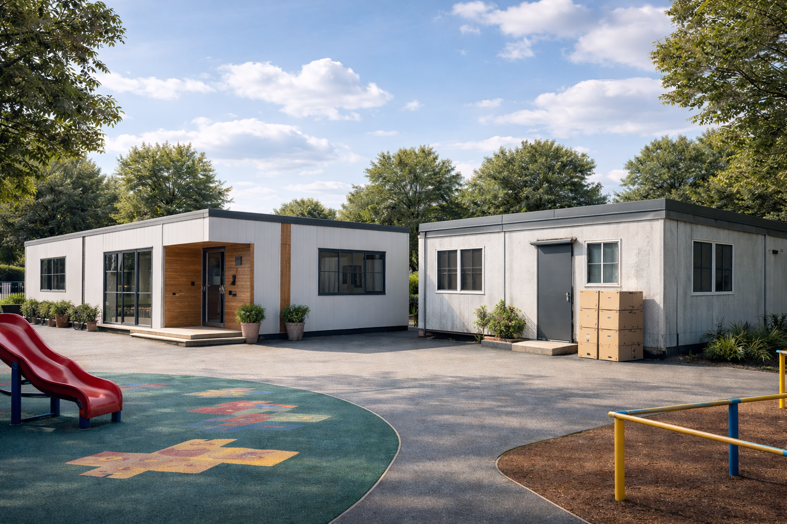 Nieuw vs gebruikt noodlokaal – visuele vergelijking op schoolplein